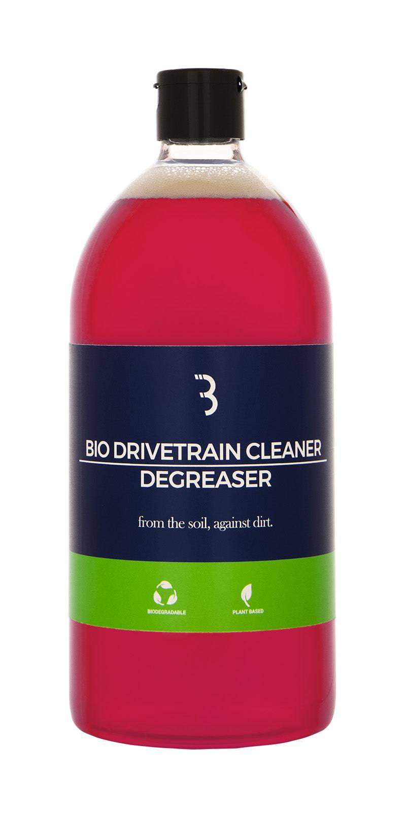 BBB BTL-250 BioDrivetrain Chain Cleaner 1000ml plant-based bike degreaser in a workshop setting with a spray bottle and cleaning tools.