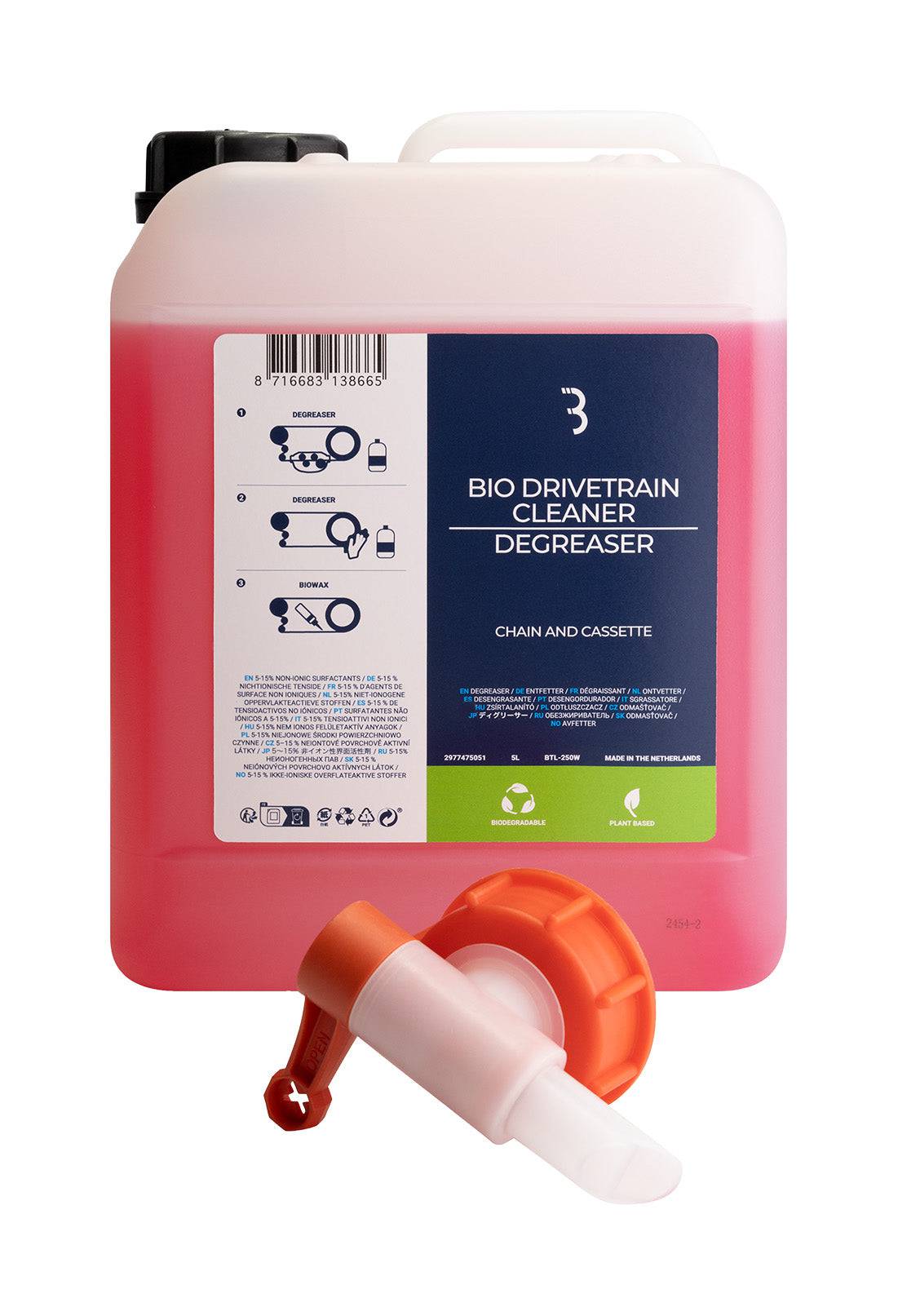 BBB BioDrivetrain Chain Cleaner 5000ml eco-friendly bike degreaser in a workshop setting, showing the large bottle and cleaning tools.