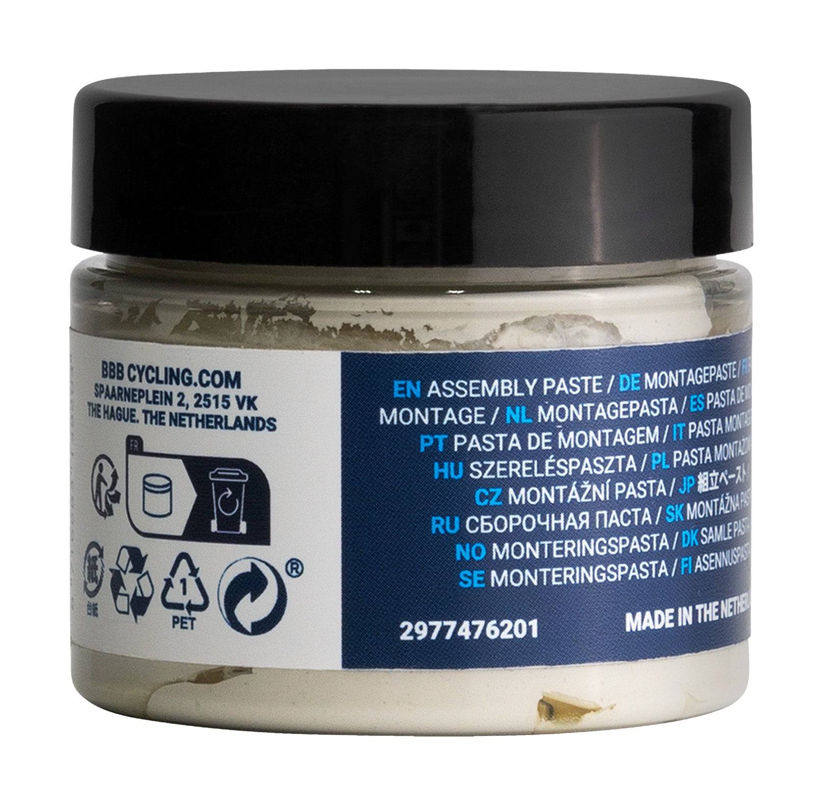 BBB BTL-262 BioPaste assembly paste in a 50ml container, used for eco-friendly bike component protection in workshop applications.