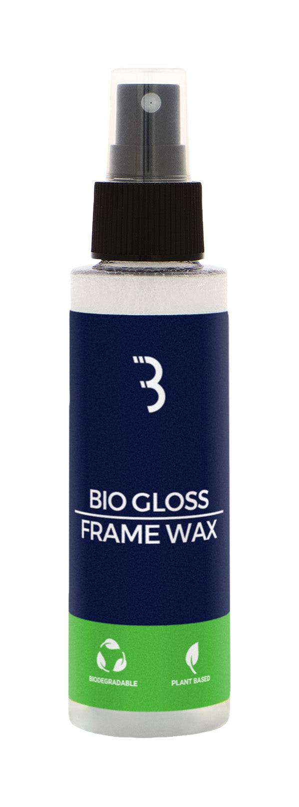 BBB BioGloss Bike Wax Polish 100ml in a spray bottle, eco-friendly bike frame protection and shine enhancement for workshops.