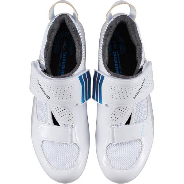 Shimano TR5W women's SPD-SL road cycling shoes for triathlon, black with white accents, shown from side angle.
