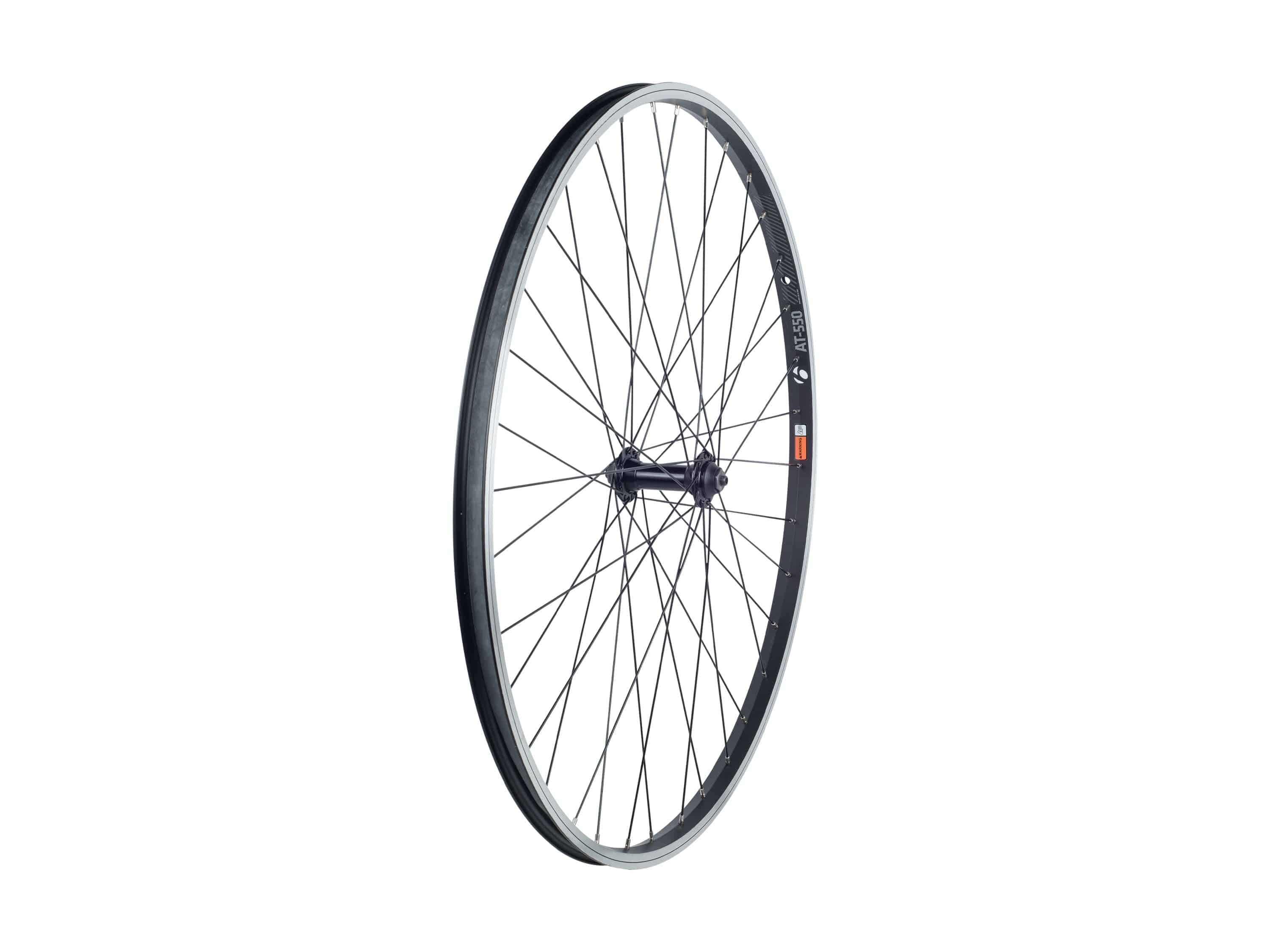 Bontrager AT-550 29-inch mountain bike wheel with FM31 hub, tubeless compatible, 36-hole, black aluminum rim, MTB components