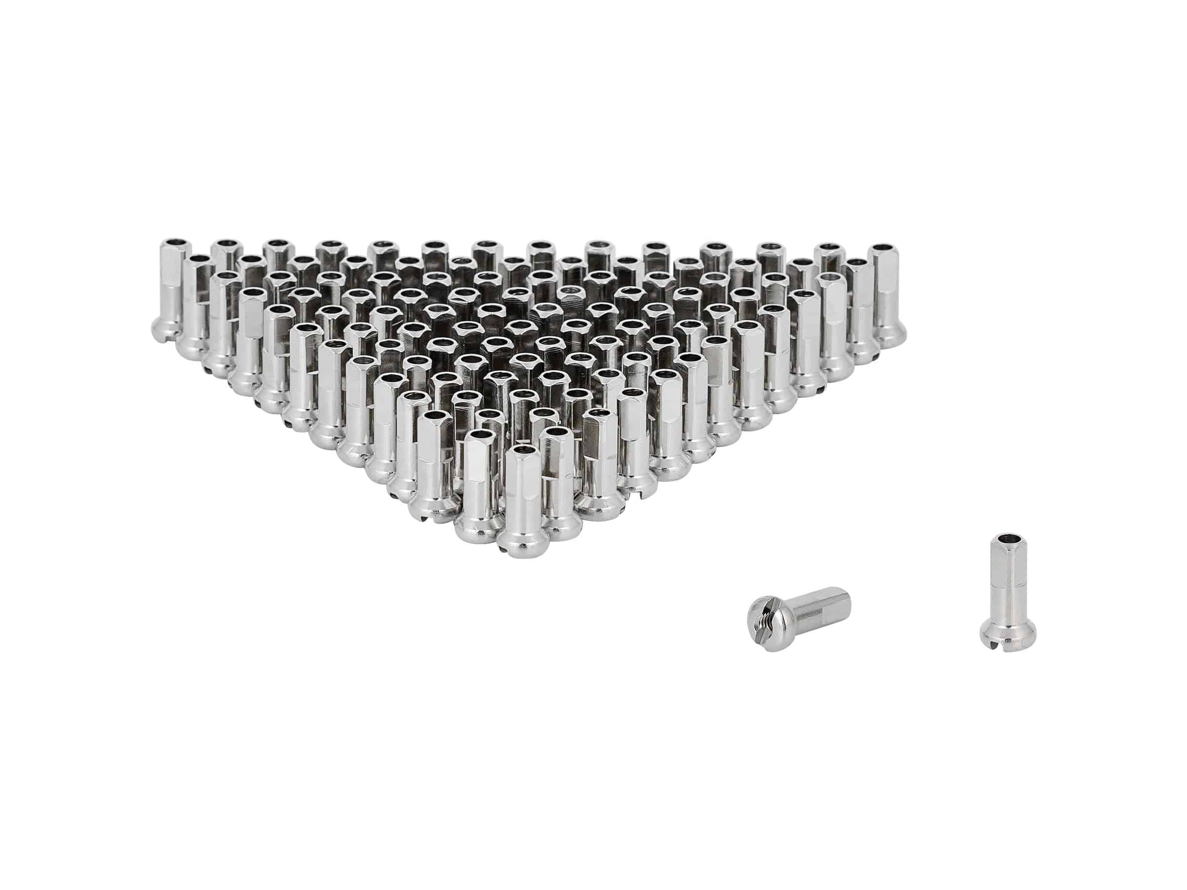 Bontrager Bcycle silver spoke nipples for bicycle wheels, brass construction, shown in a box of 100, durable bike wheel components.