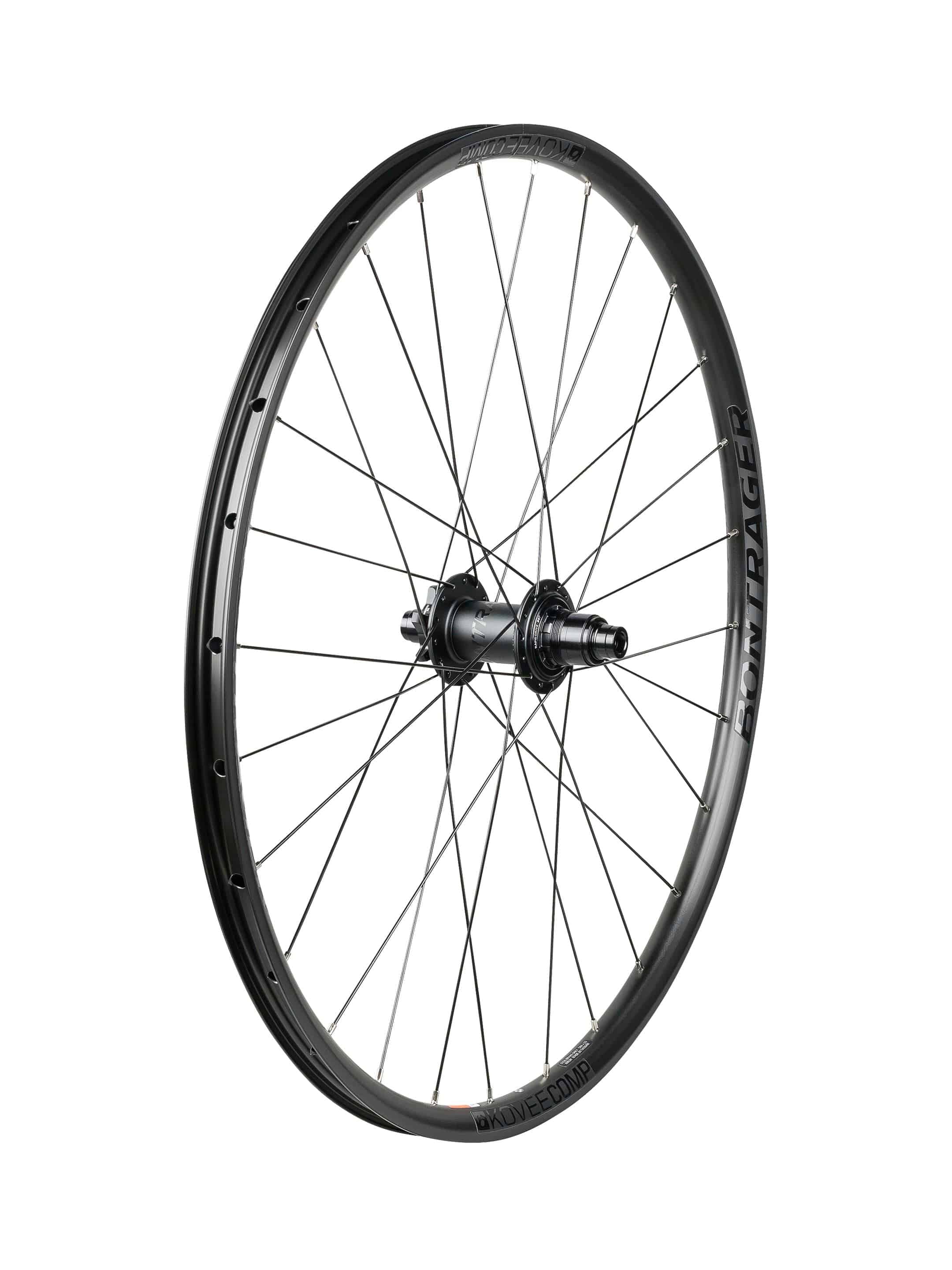 Bontrager Kovee Comp TLR 27.5 MTB rear wheel with tubeless-ready rim and 148mm hub for mountain biking.