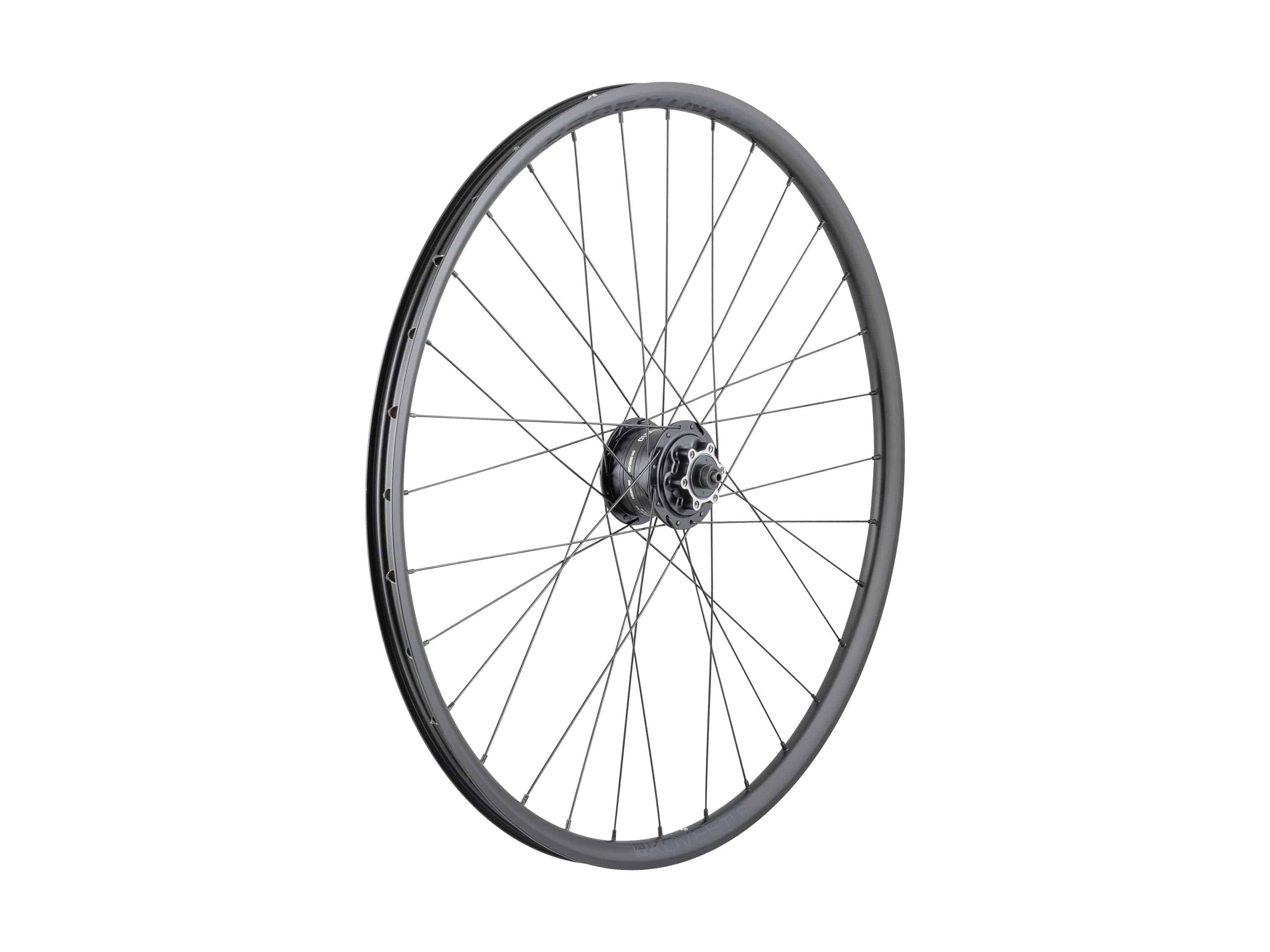 Bontrager Kovee TLR Dynamo 27.5-inch mountain bike front wheel with 6-bolt disc mount, tubeless-ready, black, 32H spokes, components