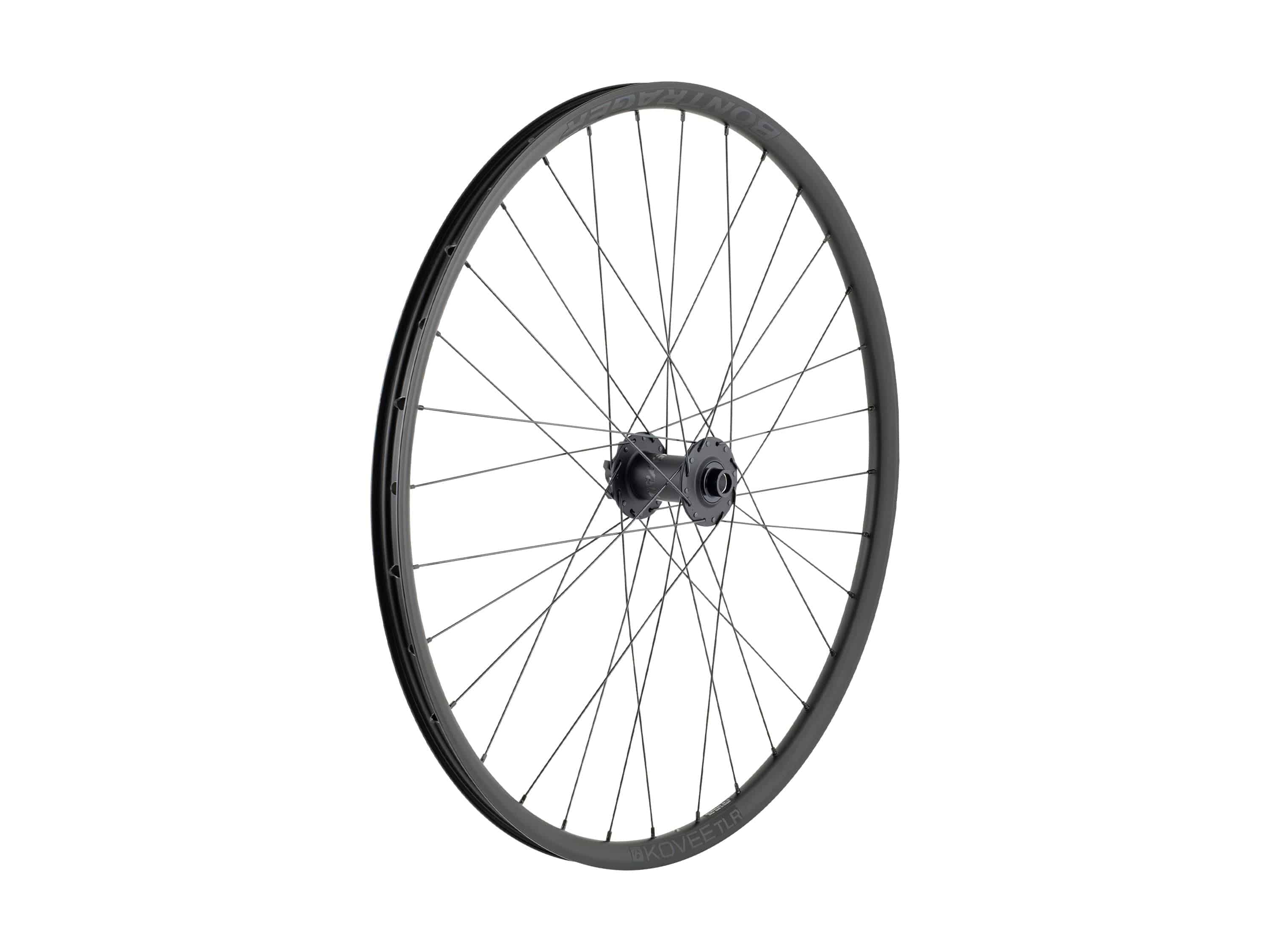 Bontrager Kovee TLR 27.5 MTB wheel with 32H tubeless-ready design for trail riding, featuring rapid drive boost hub.