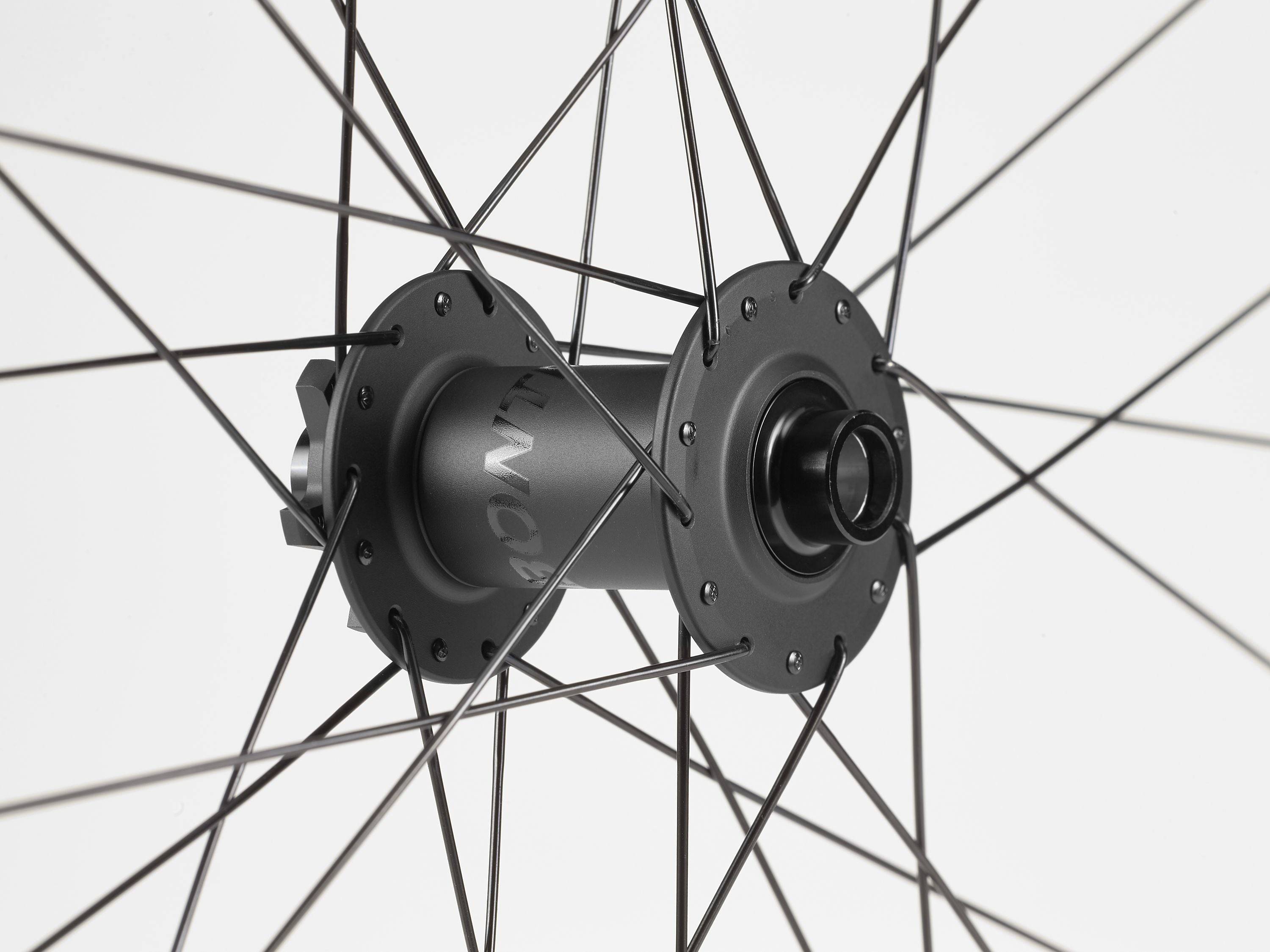 Black Bontrager Line Elite 30 TLR Boost 27.5 MTB front wheel with tubeless rim and spokes, no cassette installed.
