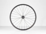 Black Bontrager Line Elite 30 TLR Boost 27.5 MTB front wheel with tubeless-ready rim and boost hub for mountain biking.
