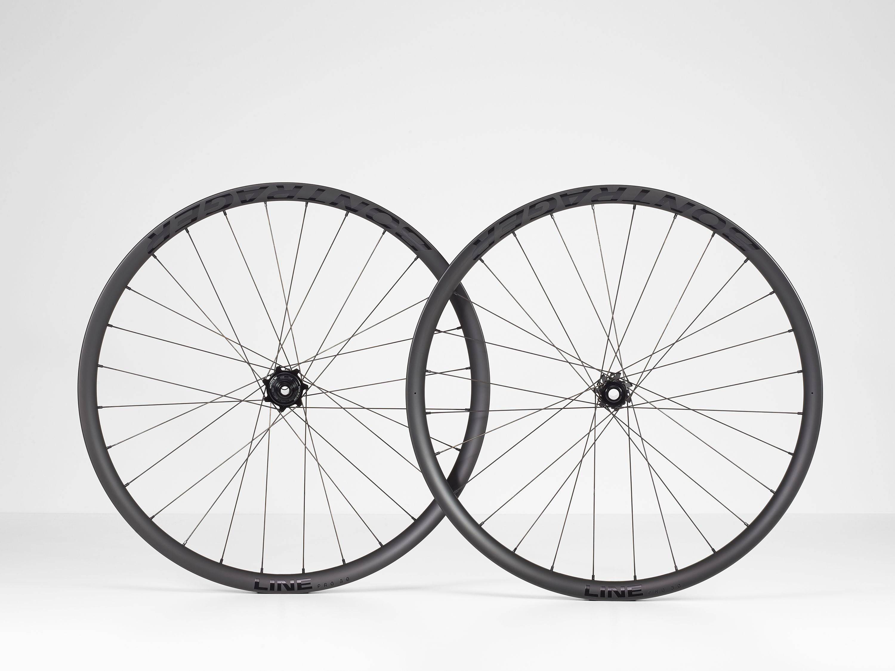 Bontrager Line Pro 30 TLR Boost 27.5-inch mountain bike front wheel in black with no cassette, lightweight component for MTB riding.