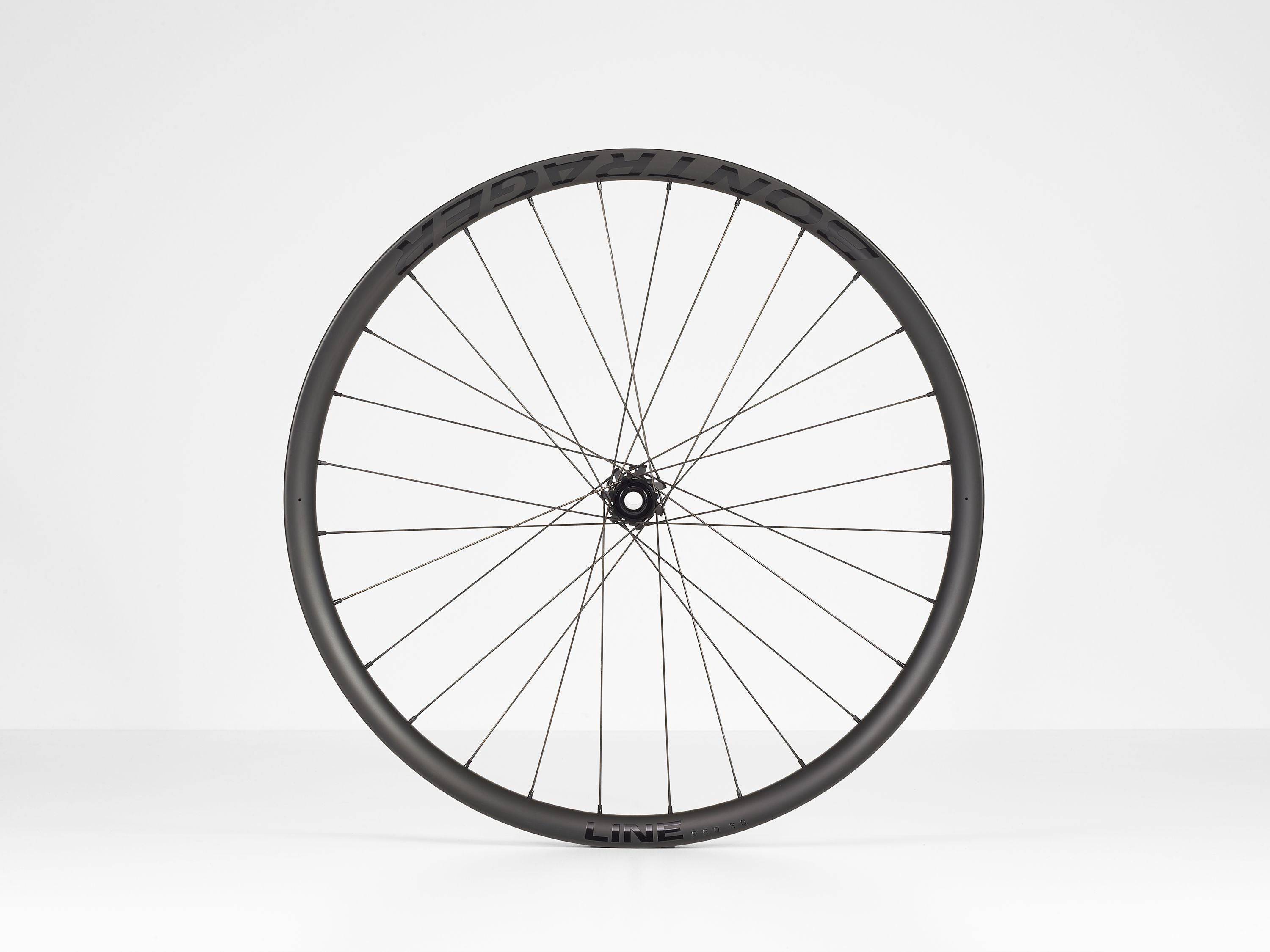 Bontrager Line Pro 30 TLR Boost 27.5-inch mountain bike front wheel in black with no cassette, designed for MTB components.