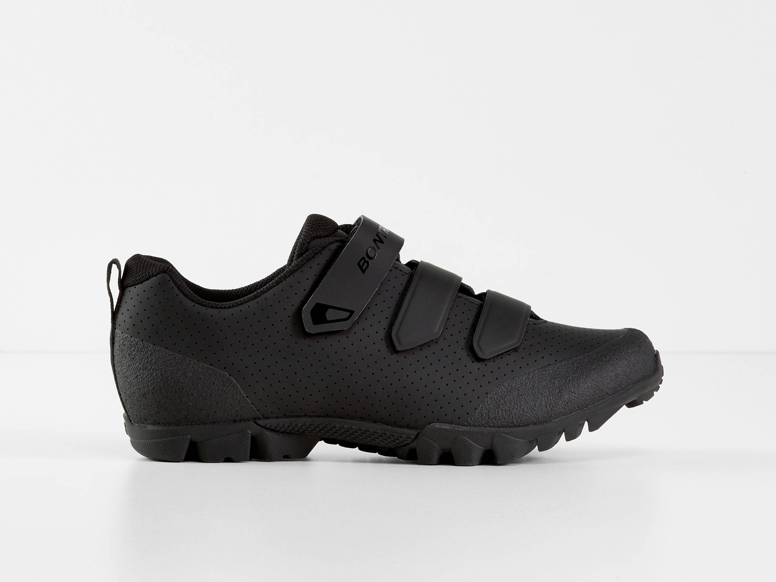 Bontrager Quantum mountain cycling shoes showing durable, breathable design with secure fit straps for mountain biking.