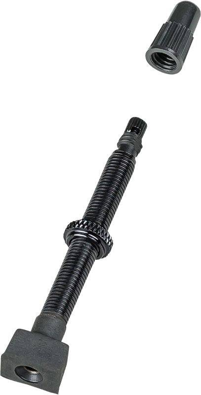 Bontrager tubeless rectangular base TLR valve stem for MTB wheels, featuring a removable core for easy inflation and maintenance.