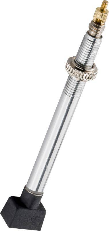 Bontrager tubeless rectangular base TLR valve stem for MTB wheels with removable core, showing the black valve with metal components.