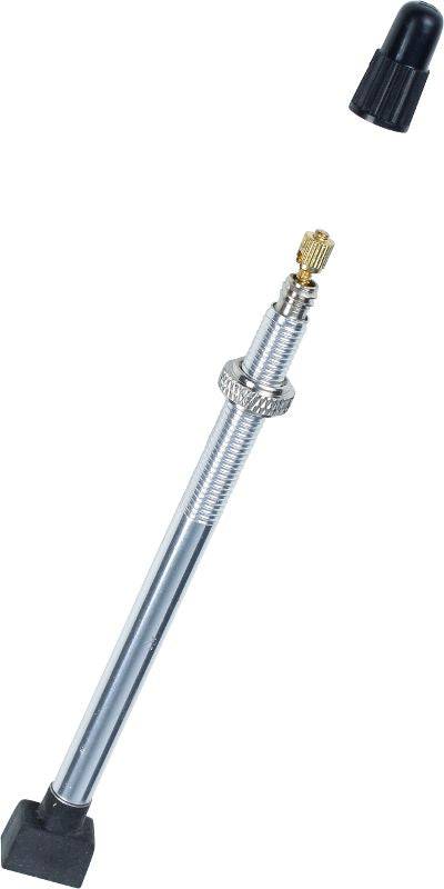 Bontrager tubeless rectangular base TLR valve stem for MTB wheels with removable core, shown in close-up.