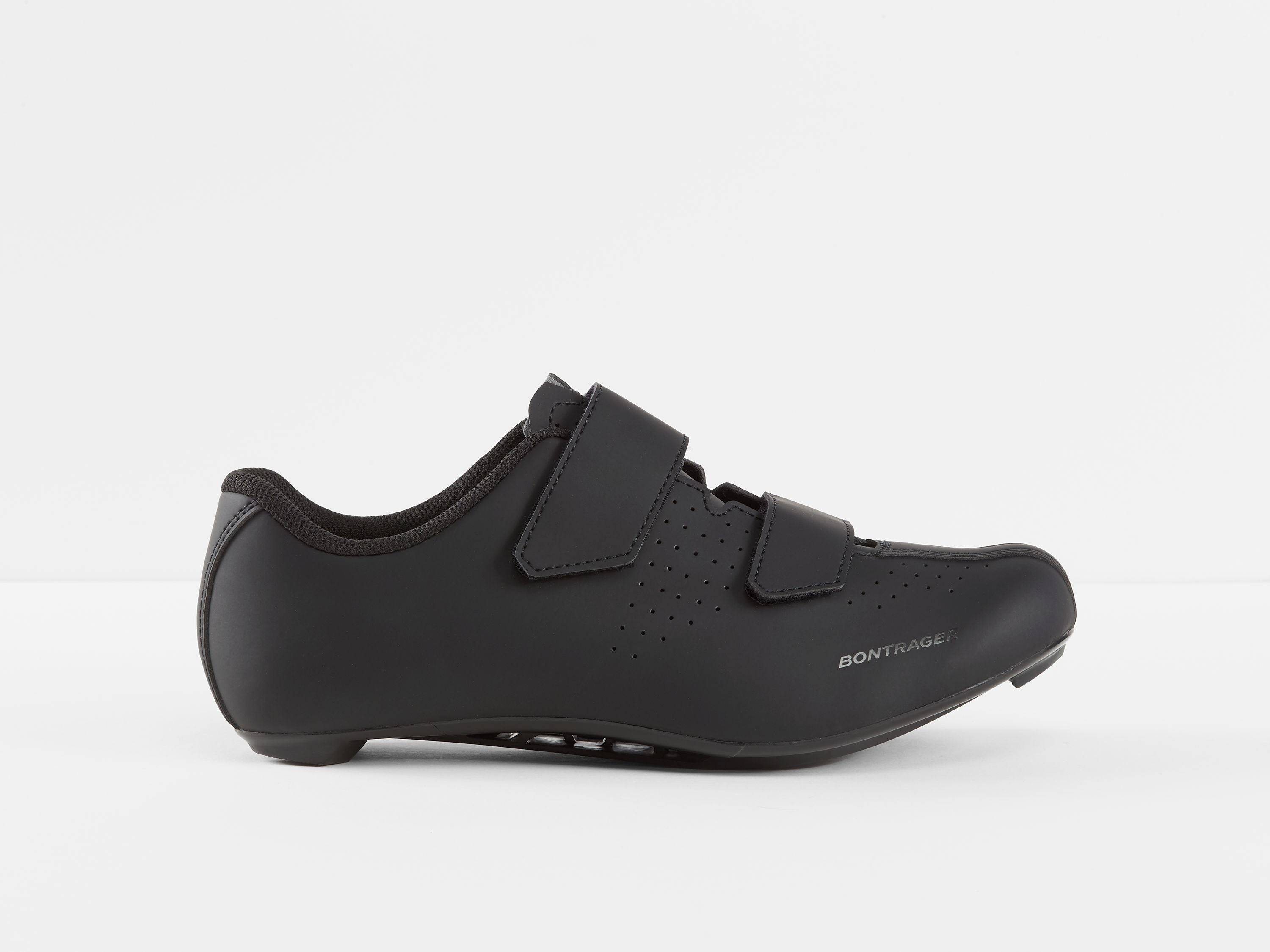 Bontrager Solstice road cycling shoe with adjustable closure and SPD cleat compatibility, showing the shoe's sleek design and ventilation.