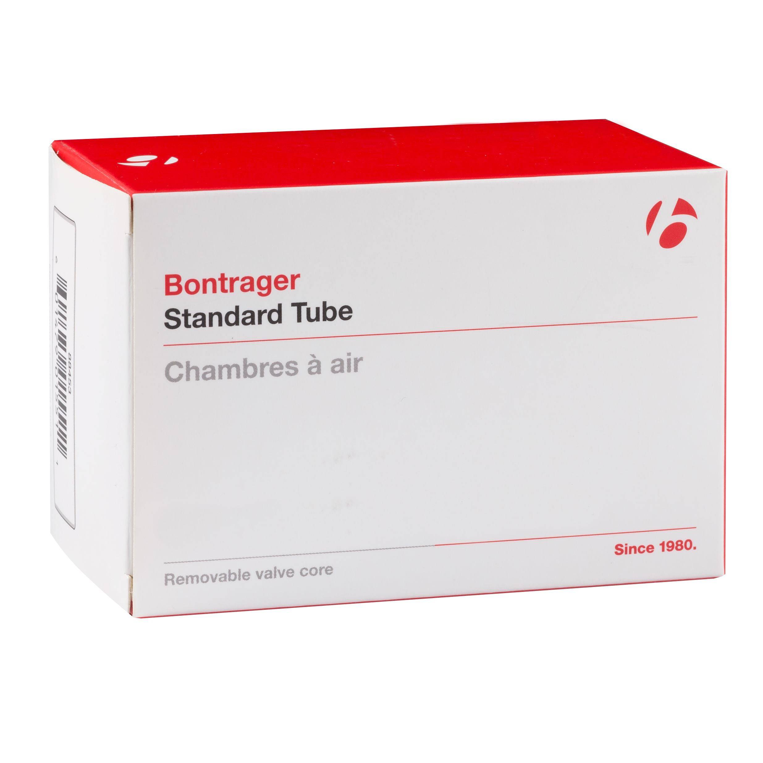 Bontrager standard Presta valve bicycle tube with removable valve core and durable 0.9mm wall thickness, suitable for road bikes.