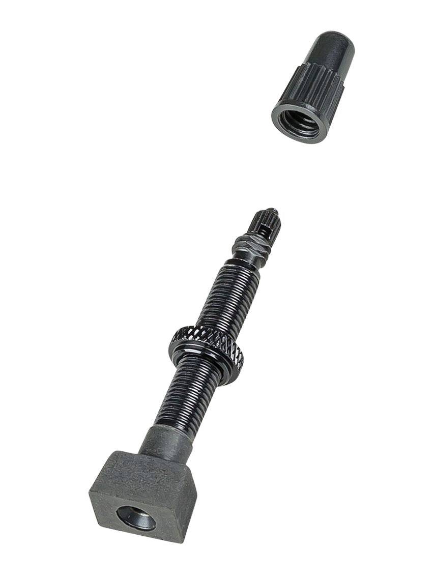 Bontrager tubeless rectangular base TLR valve stem for mountain bike wheels with removable core, component for MTB tubeless setup.