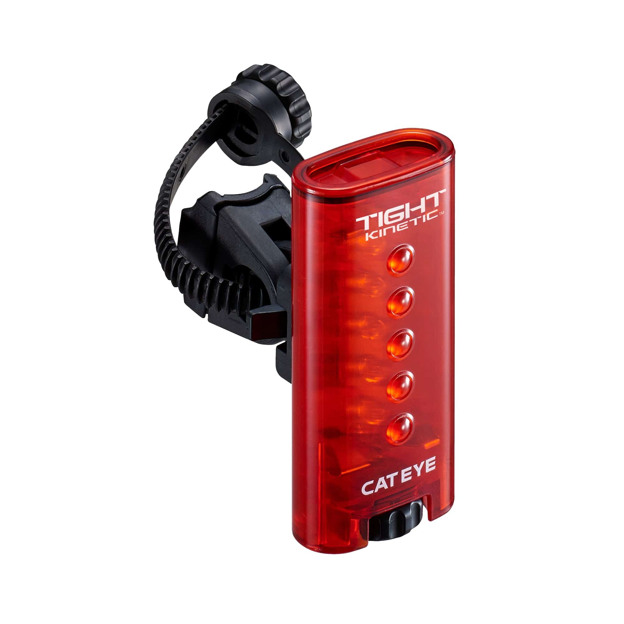 Cateye Tight Kinetic rear bike light with automatic brake detection and waterproof IPX7, mounted on a bicycle for safety visibility