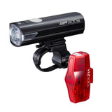 CatEye bike light set with AMPP 400S front and VIZ 100 rear USB-C rechargeable bike lights on a bike.