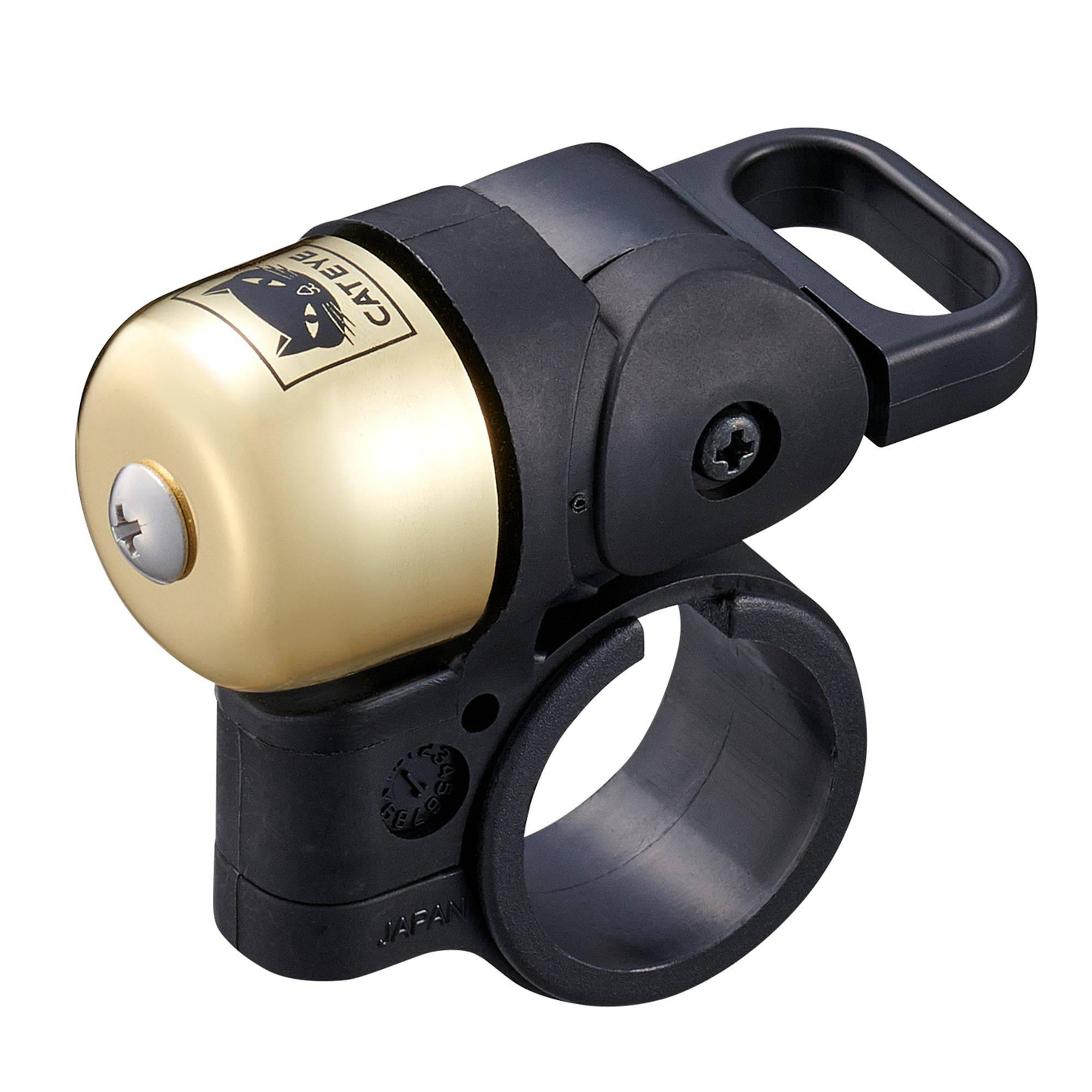 Cateye OH-500 Nido bike bell with clear double ring sound, ISO14878 compliant, mounted on a bicycle handlebar.