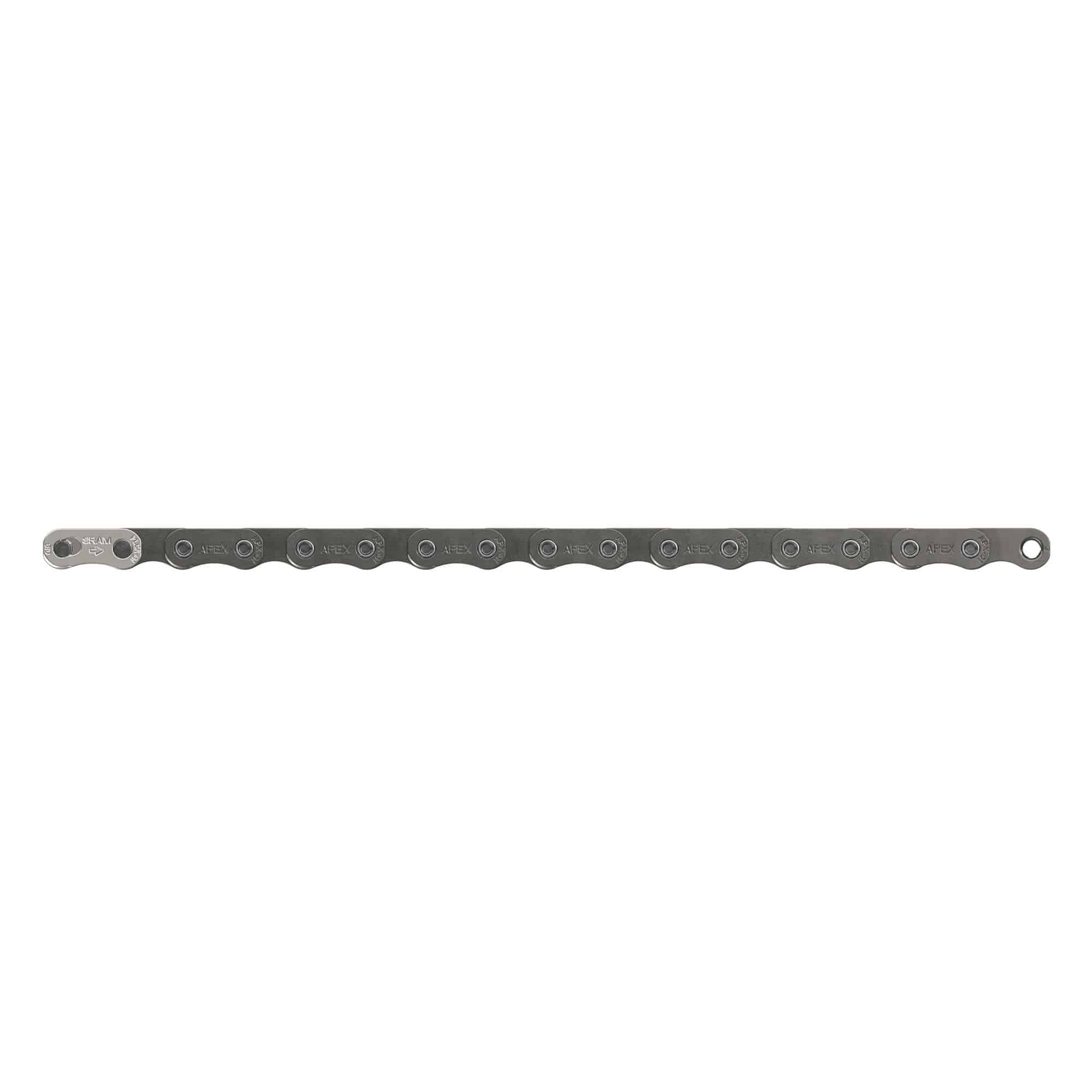 SRAM Apex D1 12-speed road bike chain with PowerLock connector, showing the durable metal links and sleek design.