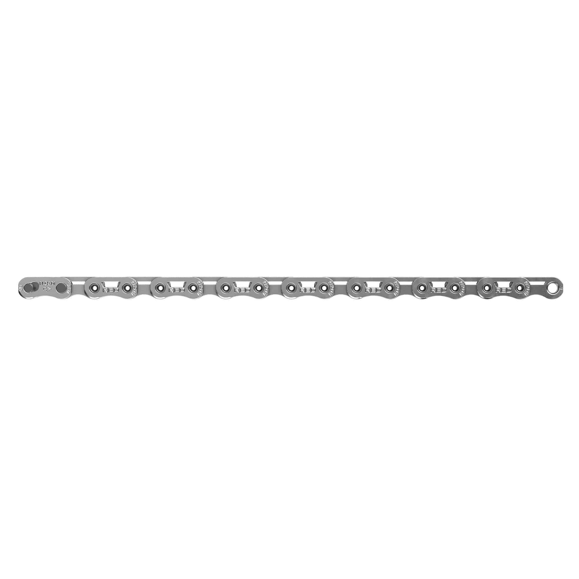 SRAM Red E1 12-speed road bike chain with PowerLock connector, showing the flat-top design and durable metal links.