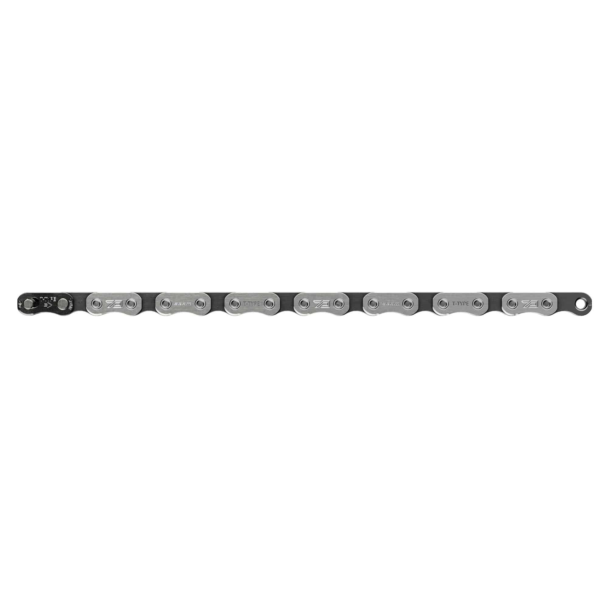 Silver SRAM Eagle 70 T-Type 12-speed bike chain with 126 links and PowerLock connector, designed for durable shifting performance.