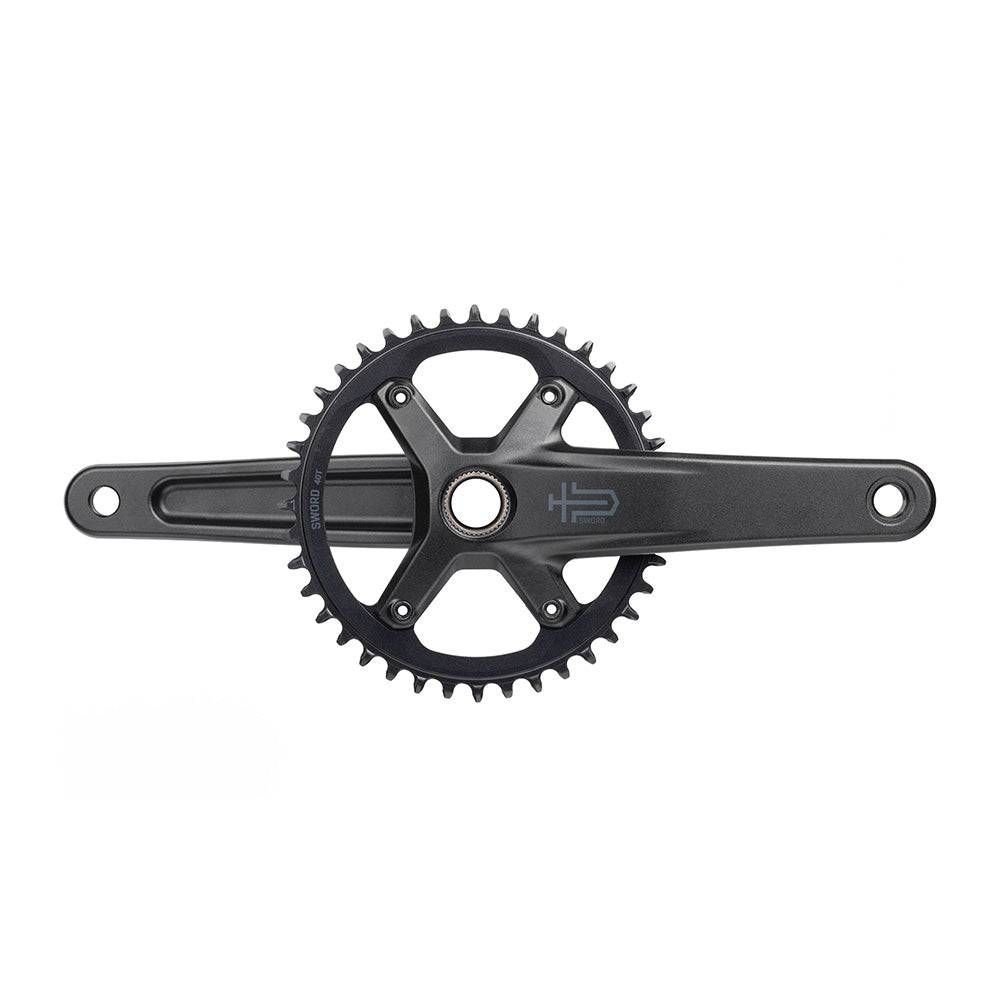 MicroSHIFT Sword 1x crankset with 24mm spindle for Shimano bottom brackets, showing the black crank arms and chainring.