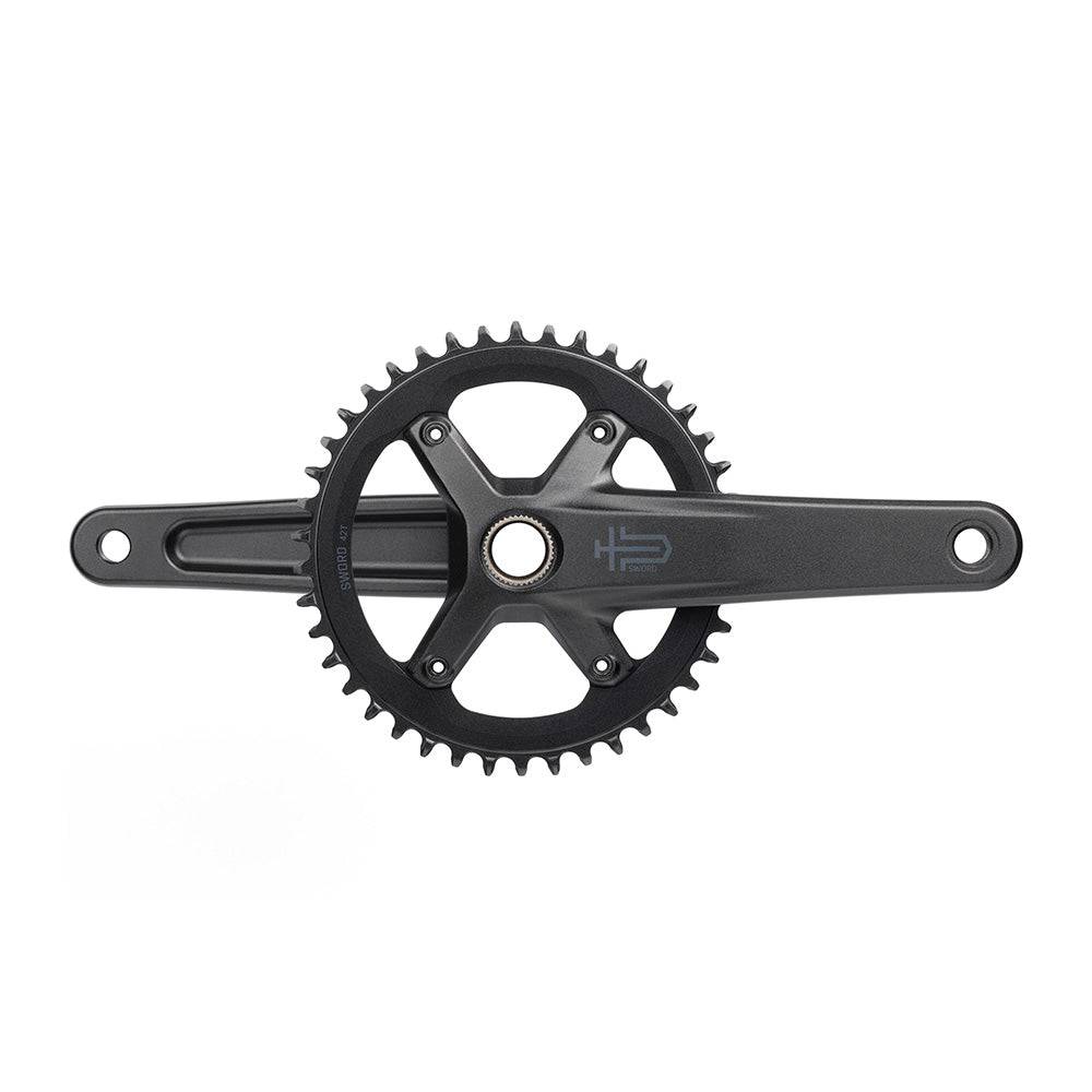 MicroSHIFT Sword 1x crankset with 24mm spindle for Shimano bottom brackets, showing the black crank arms and chainring.