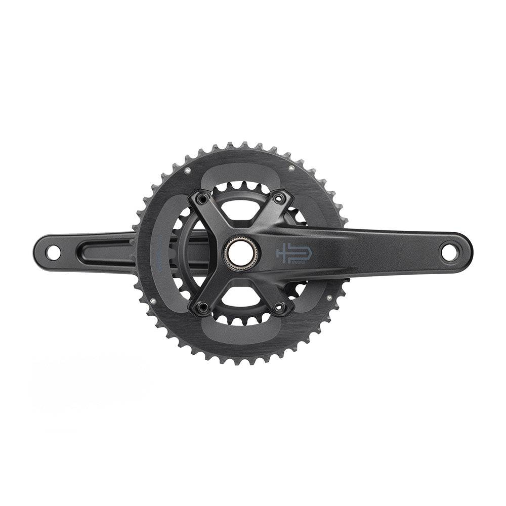 MicroSHIFT Sword 2x crankset with 24mm spindle for road cycling, featuring lightweight aluminum arms and chainrings.