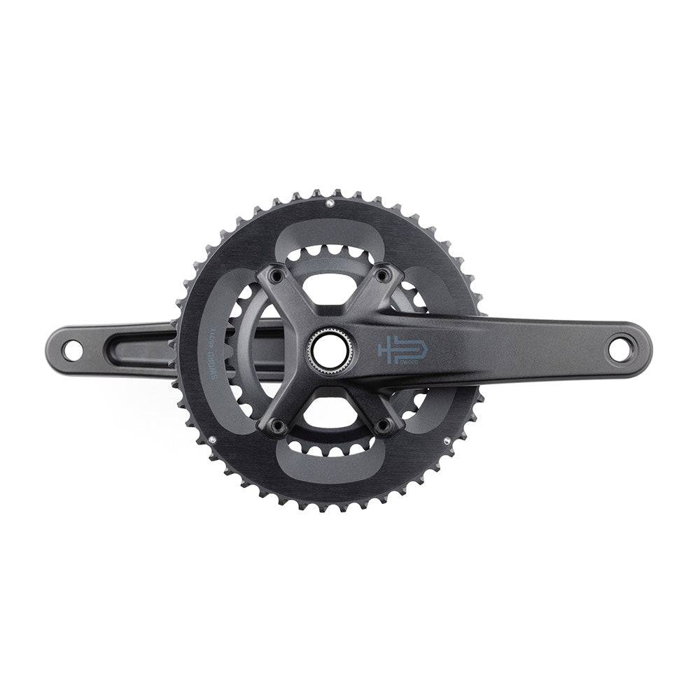 MicroSHIFT Sword 2x crankset with 24mm spindle for road cycling, showcasing the lightweight bike component with chainrings attached.