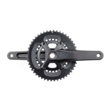 MicroSHIFT Sword 2x crankset with 24mm spindle for road cycling, showcasing the lightweight bike component with chainrings attached.