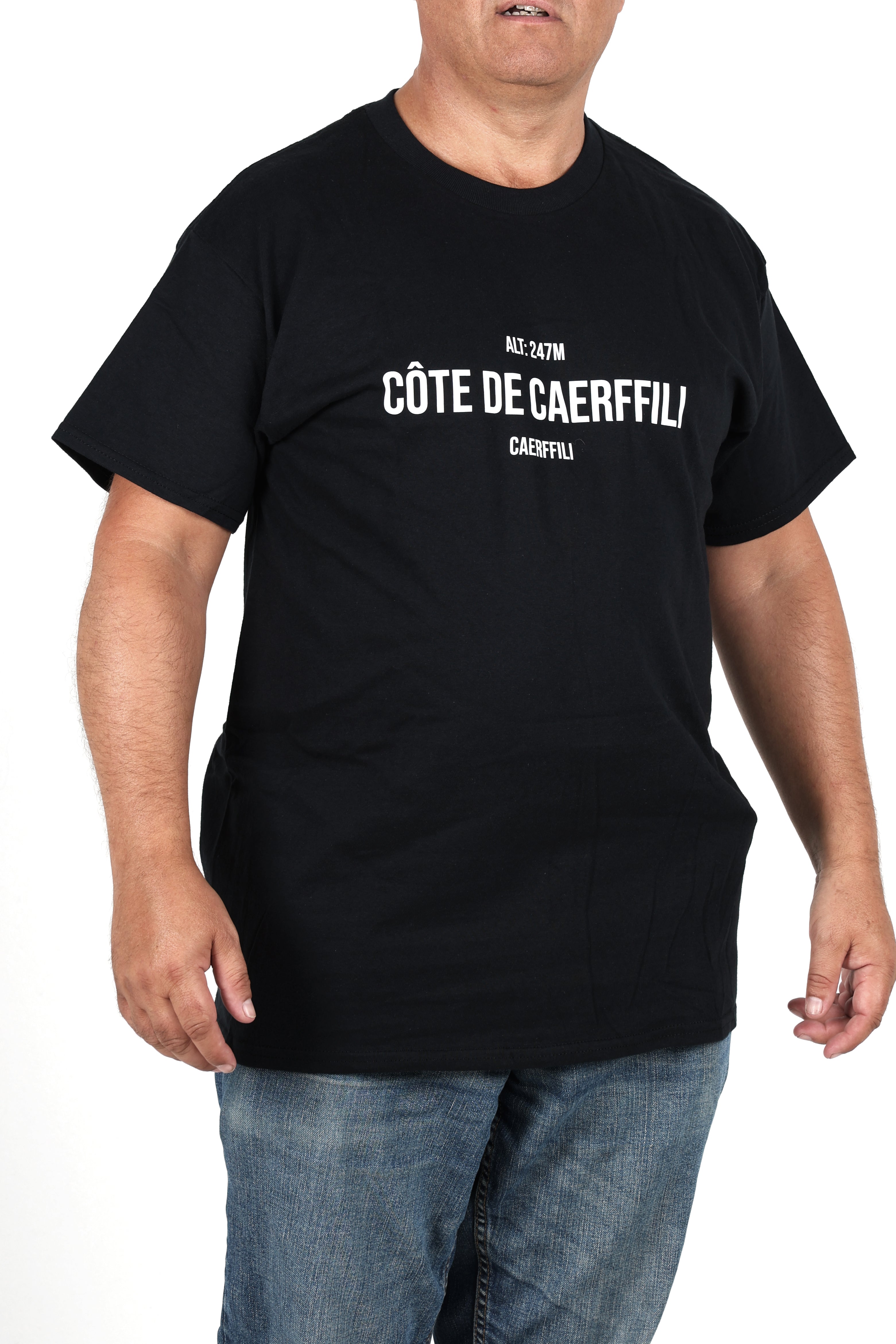Global Cycling Club Tour de France 2027 T-shirt featuring a scenic Cote de Caerffili design, casual cycling apparel.