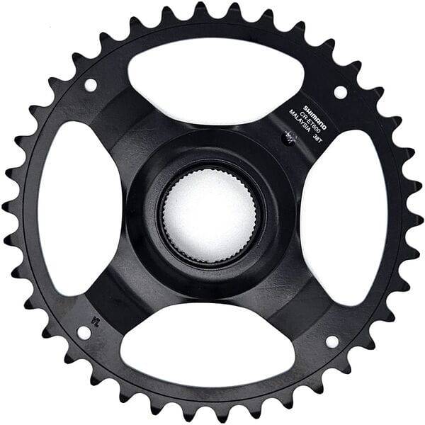 Shimano STEPS CR-ET600 38T single chainring for 9/10/11-speed bikes, black, with 50mm chainline and durable component design.