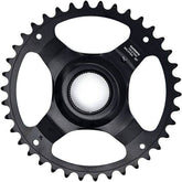 Shimano STEPS CR-ET600 38T single chainring for 9/10/11-speed bikes, black, with 50mm chainline and durable component design.
