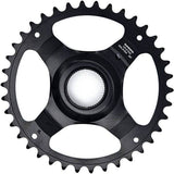 Shimano STEPS CR-ET600 38T single chainring for 9/10/11-speed bikes, black, with 50mm chainline and durable component design.