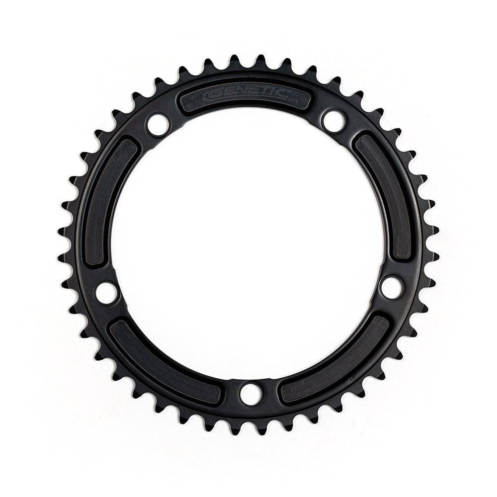 Genetic Chain Ring Tibia Track Chainring, CNC machined, 1/2 x 1/8 inch, for road bike components, with detailed metal finish.