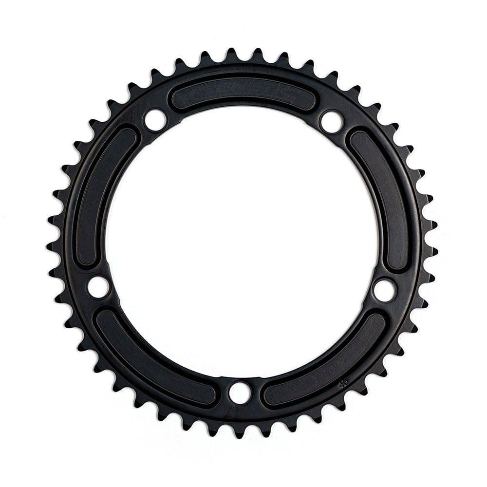 Genetic CNC machined road bike chainring with tibia track chain, 1/2 x 1/8 inch, component for bicycle drivetrain.