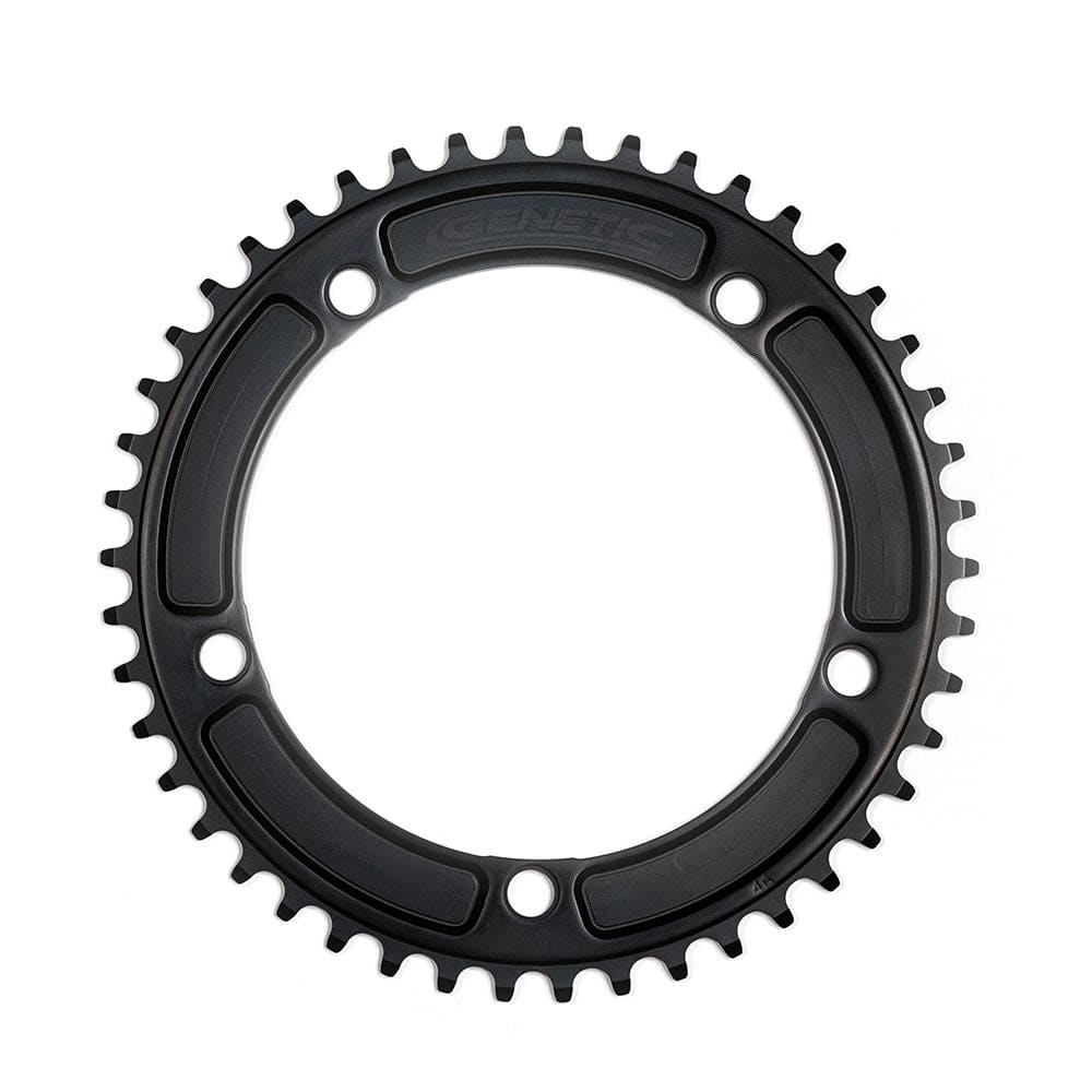 Genetic Chain Ring Tibia Track Chainring CNC machined for road bikes, 1/2 x 1/8 inch component with detailed metal finish.