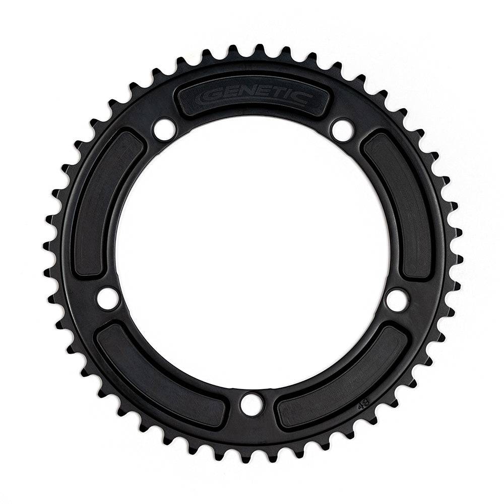 Genetic Chain Ring Tibia Track Chainring for road bikes, CNC machined 1/2 x 1/8 inch component with detailed metal finish.