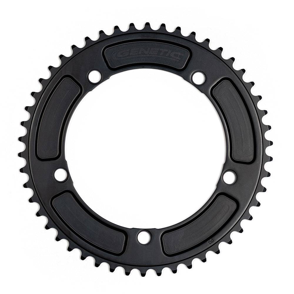 Genetic CNC machined chainring for road bikes, 1/2 x 1/8" tibia track chainring component with detailed metal finish.