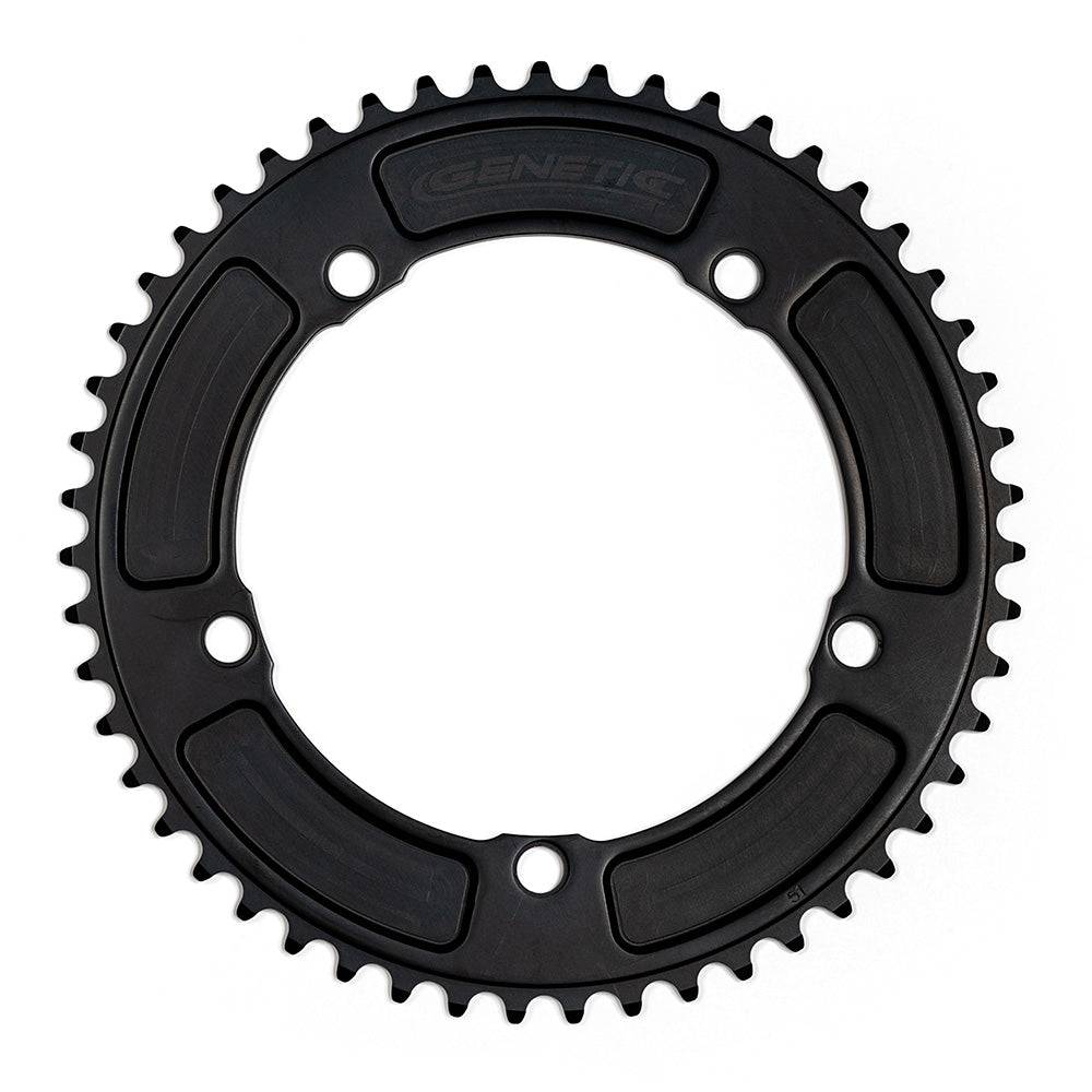 Genetic CNC machined bike chainring for road bikes, tibia track chainring, 1/2 x 1/8 inch component with detailed metal finish.