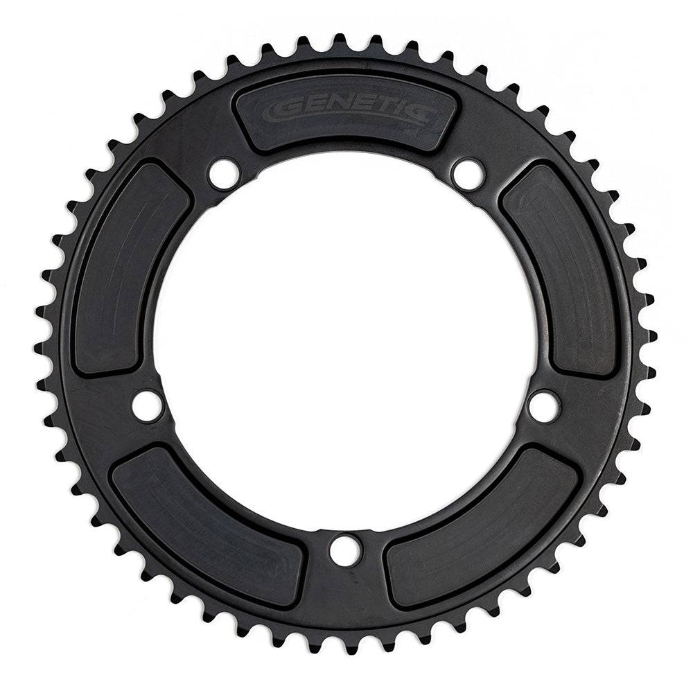 Genetic CNC machined tibia track chainring for road bikes, 1/2 x 1/8 inch chainring component with a sleek metallic finish.