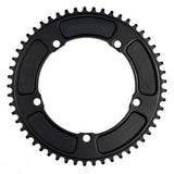 Genetic CNC machined chainring for road bikes, 1/2 x 1/8 inch tibia track chainring component with detailed metal finish.