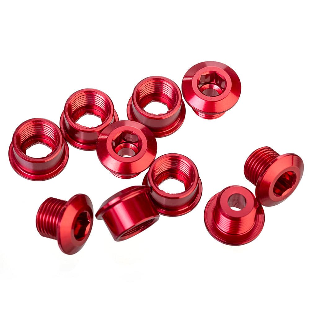 ID brand XL single chainring bolts for bicycle drivetrain, showing close-up of black metal components with threading.
