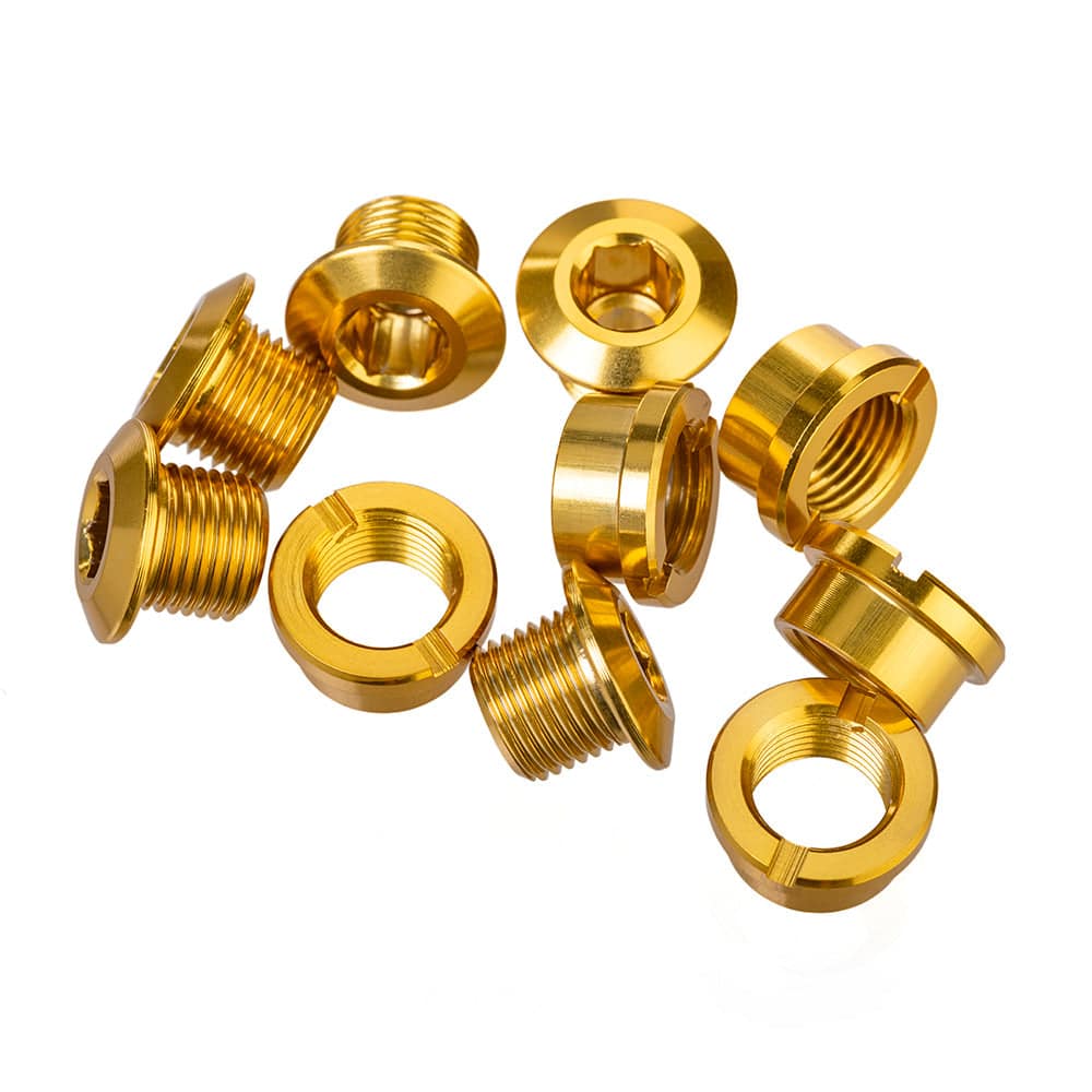 ID brand single chainring bolts for bike drivetrain, close-up of secure metal components for cycling accessories and replacements.