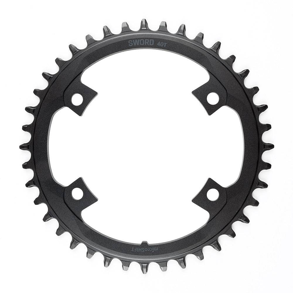 MicroSHIFT Sword 110 BCD road bike chainrings for smooth shifting, showing close-up of black alloy chainrings with teeth and mounting holes.