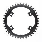 MicroSHIFT Sword 110 BCD road bike chainrings for smooth shifting, showing close-up of black alloy chainrings with teeth and mounting holes.