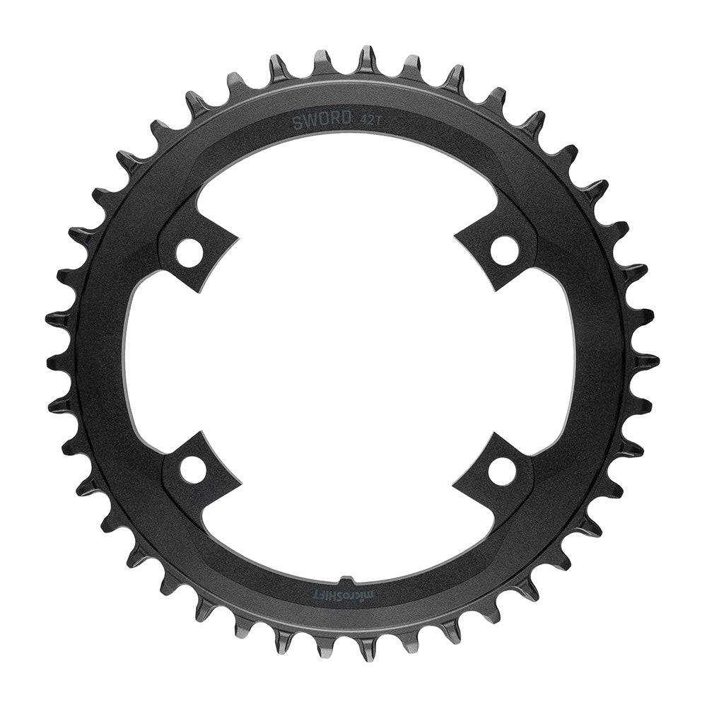 MicroSHIFT Sword 110 BCD chainrings for road bikes, showing sleek black components with tooth details for smooth shifting upgrade.
