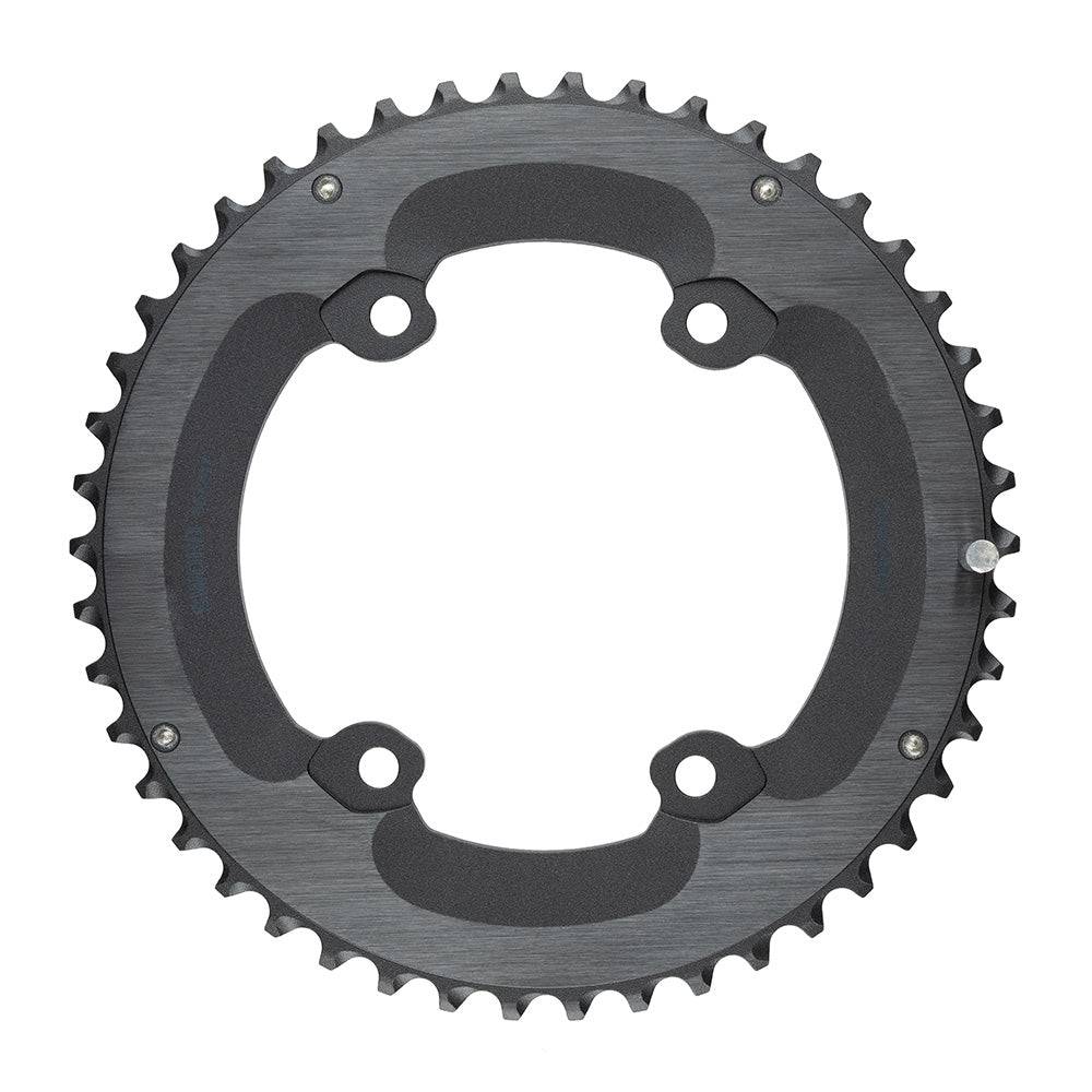 MicroSHIFT Sword 110 BCD road bike chainrings showing tooth profile and mounting holes for smooth shifting upgrade components.